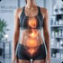 Woman in a wellness center with a glowing anatomical overlay of the heart, stomach, and digestive system.