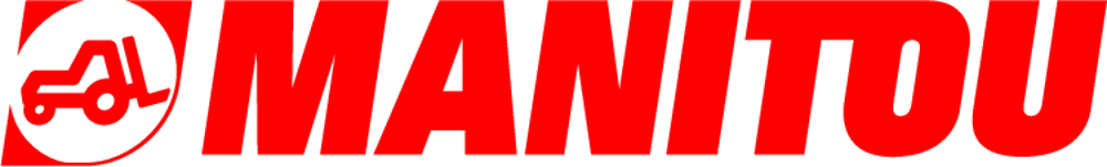 Rotes Manitou-Logo mit einem stilisierten Gabelstapler innerhalb eines Kreises, der die Buchstaben "MANITOU" darstellt.