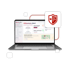Laptop zeigt das Dashboard der Software Notfall- und Krisenmanager mit rotem Schutzschild-Symbol daneben - Software für Stabsarbeit - Notfall- und Krisenmanager (NKM®).