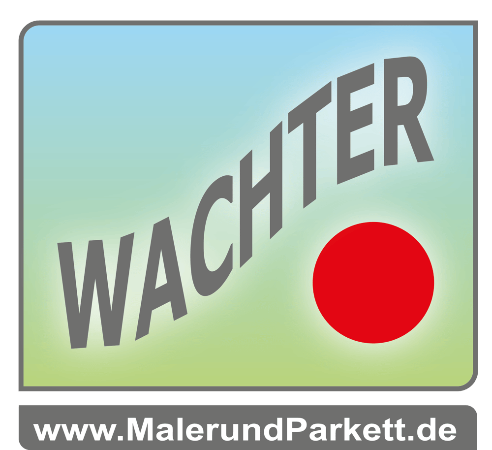 Logo von Wachter Maler und Parkett mit einem roten Punkt auf blau-grünem Hintergrund.