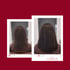 Frau mit langen, braunen Haaren vor und nach dem Haarschnitt und Styling. corfehair Logo.