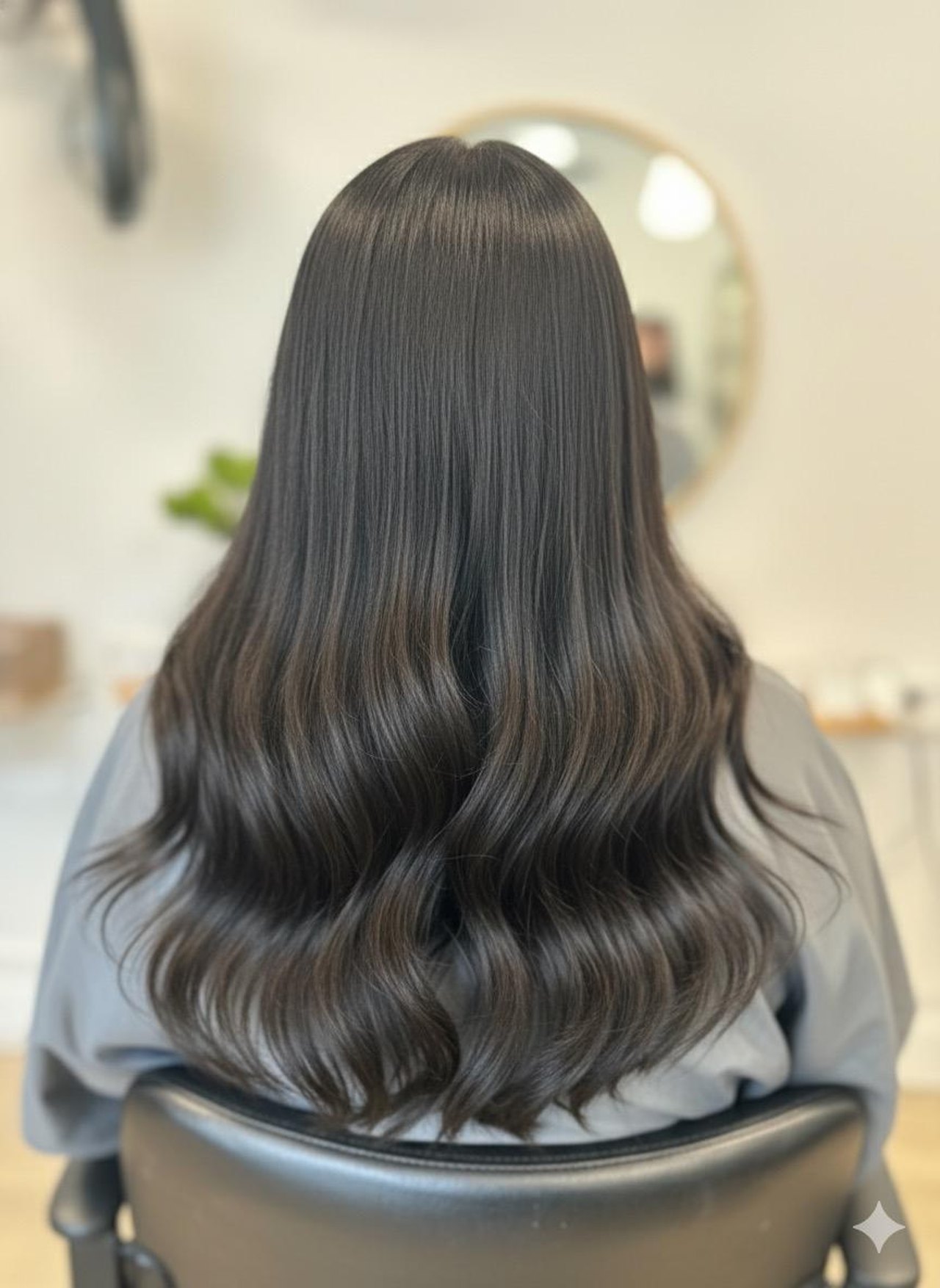Rückansicht einer Person mit langen, dunkelbraunen gewellten Haaren in einem Friseursalon.