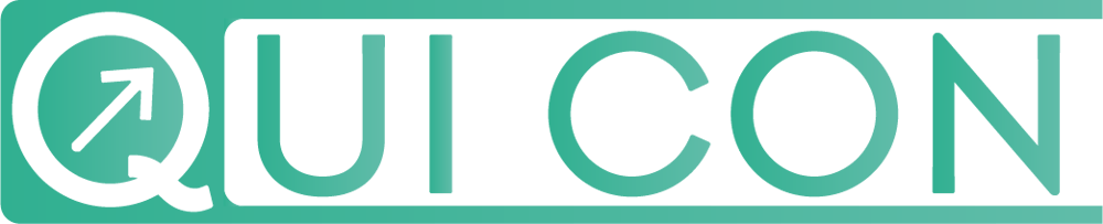 QUI CON Logo in Türkis und Grün mit einem Q, das einen Pfeil enthält.