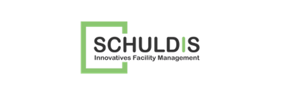 Schuldis Innovatives Facility Management Logo mit grünem quadratischem Rahmen auf schwarzem Hintergrund.