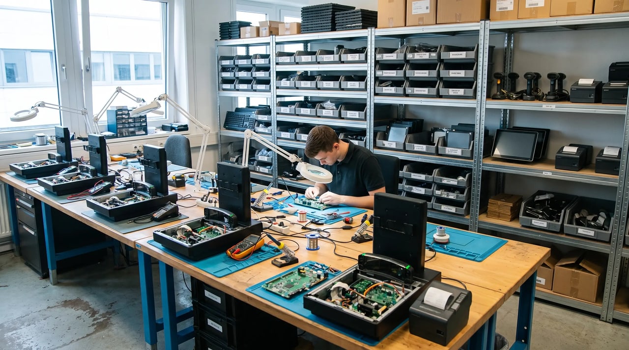 Werkbank mit Kassenterminals und Ersatzteilregalen in der Refurbishment-Werkstatt