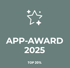 Weißer Umrissstern mit kleinen Sternen und Text: "APP-AWARD 2025 TOP 20%" auf dunkelgrauem Hintergrund.