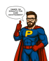 Ein muskulöser Superheld mit Bart, Brille, blauem Anzug und rotem Umhang gibt einen Daumen hoch.