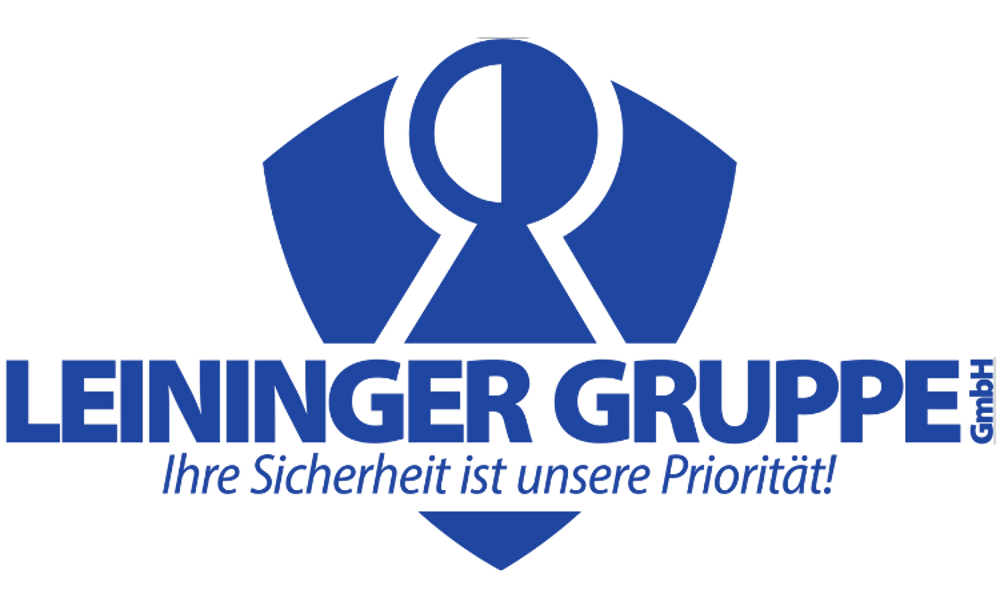 Leininger Gruppe Logo: Ein blaues Symbol, das einen Kreis über einem Dreieck zeigt, darunter der Text "LEININGER GRUPPE" und "Ihre Sicherheit ist unsere Priorität".
