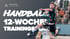 Handballspieler springt im Wurf, überlagert mit Text: ATHLETEN FUNDAMENT, HANDBALL 12-WOCHEN TRAININGSPLAN.