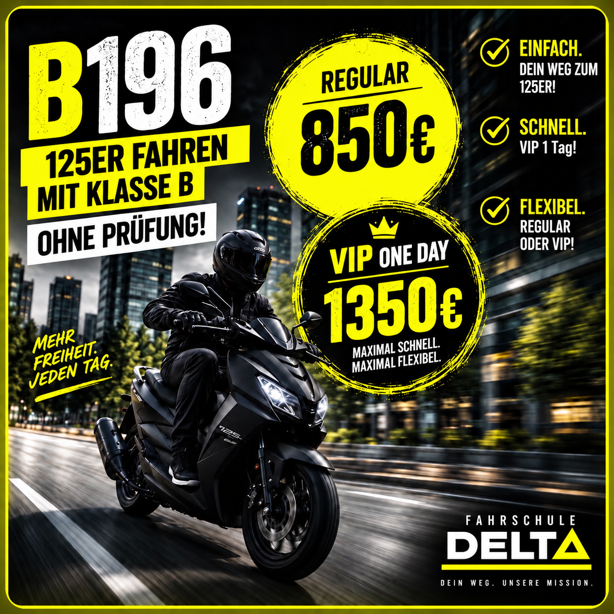 B196 wird bei uns in der Fahrschule DELTA in Mannheim zu einem Kurspreis von 750€ angeboten.