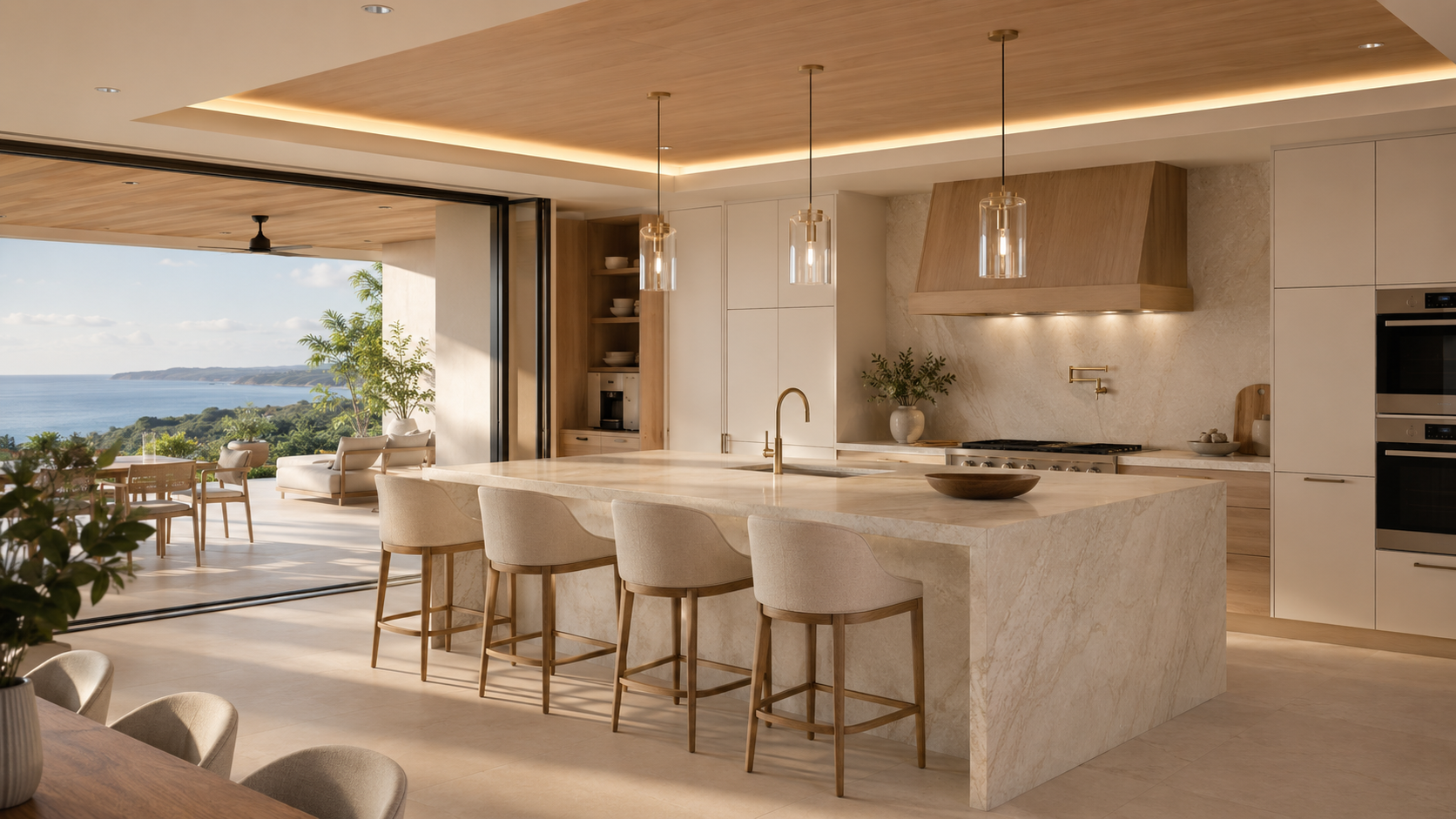 Concepto cinematográfico de cocina marfil costero luminosa