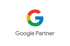 Buntes Google-Logo über dem grauen Schriftzug Google Partner auf schwarzem Hintergrund.