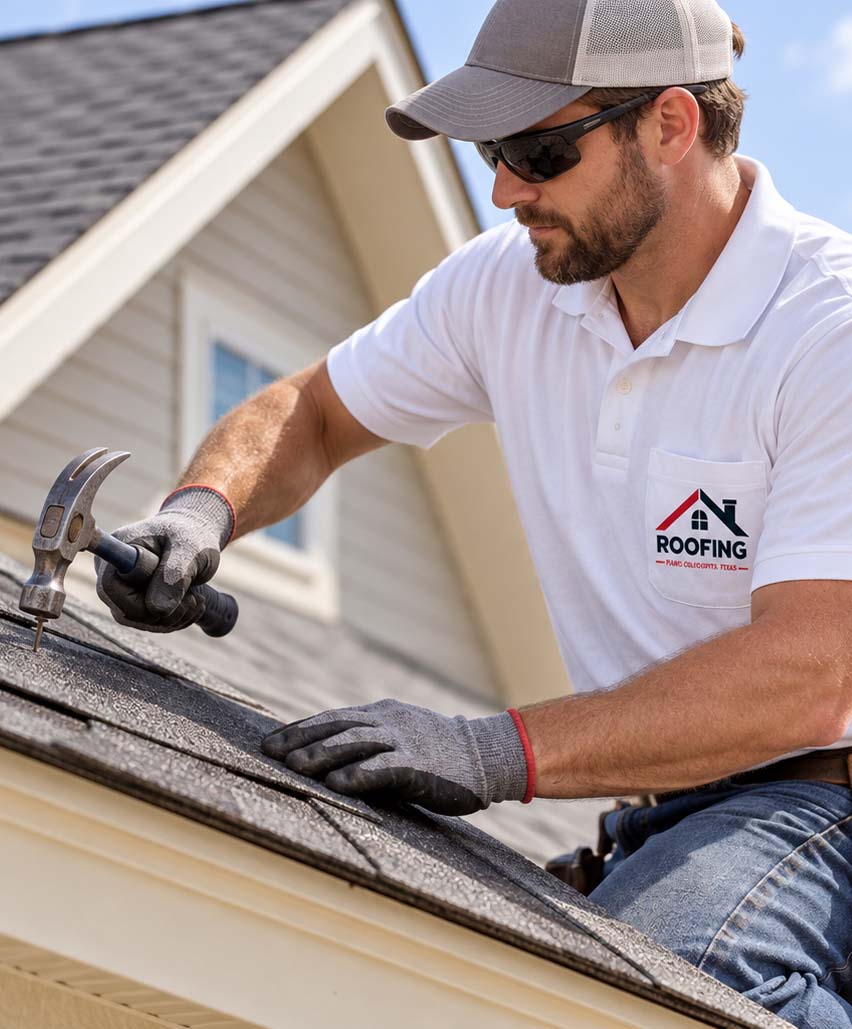 Roofing crew fastening new asphalt shingles on a North Texas home