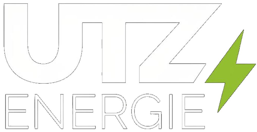 utz Energie Logo mit weißem Text und grünem Blitzsymbol.