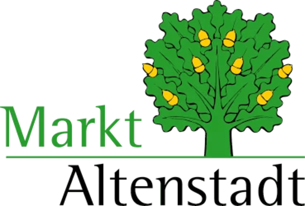 Logo von Markt Altenstadt: Grüner Baum mit gelben Eicheln über "Markt Altenstadt" in grüner und schwarzer Schrift.