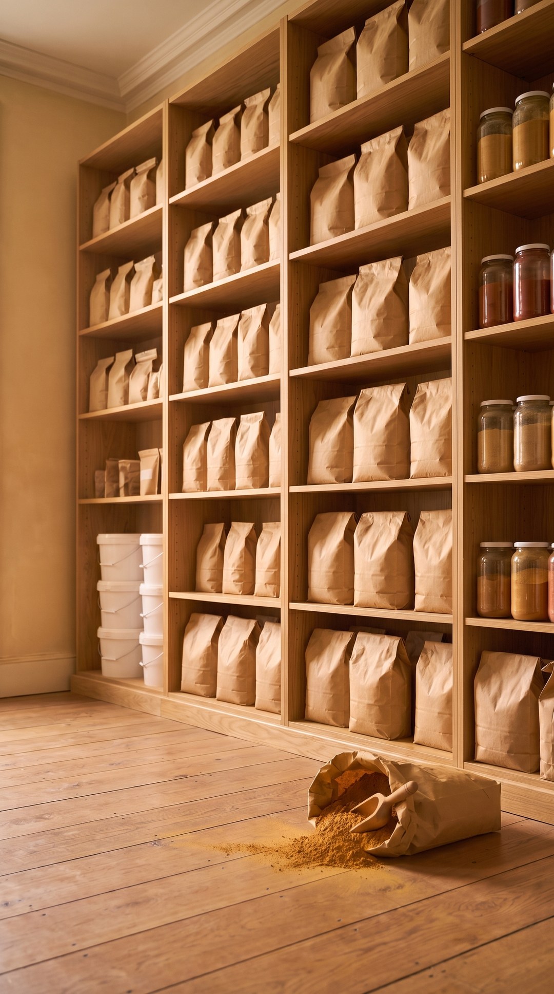 Materiallager mit Säcken, Eimern und Pigmentgläsern
