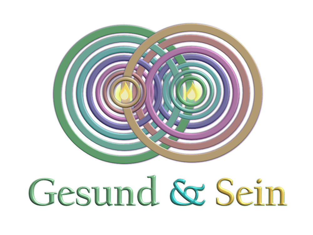 Logo der Heilpraxis für Psychotherapie in Wettenberg bei Gießen, mit zwei sich überschneidenden bunten Kreissystemen, zwei kleinen Flammen im Mittelpunkt und dem Schriftzug Gesund & Sein darunter.