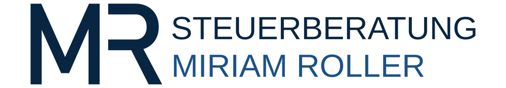 Logo mit dunkelblauen Initialen MR und dem Text "STEUERBERATUNG MIRIAM ROLLER" auf grünem Hintergrund.