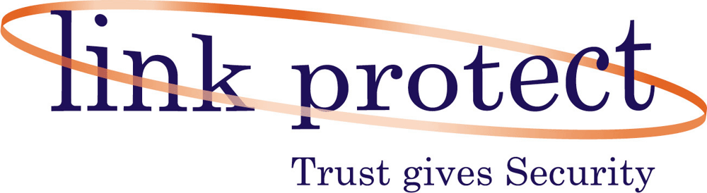 Dunkelblaues "link protect"-Logo mit orangefarbener Ellipse und Text "Trust gives Security".