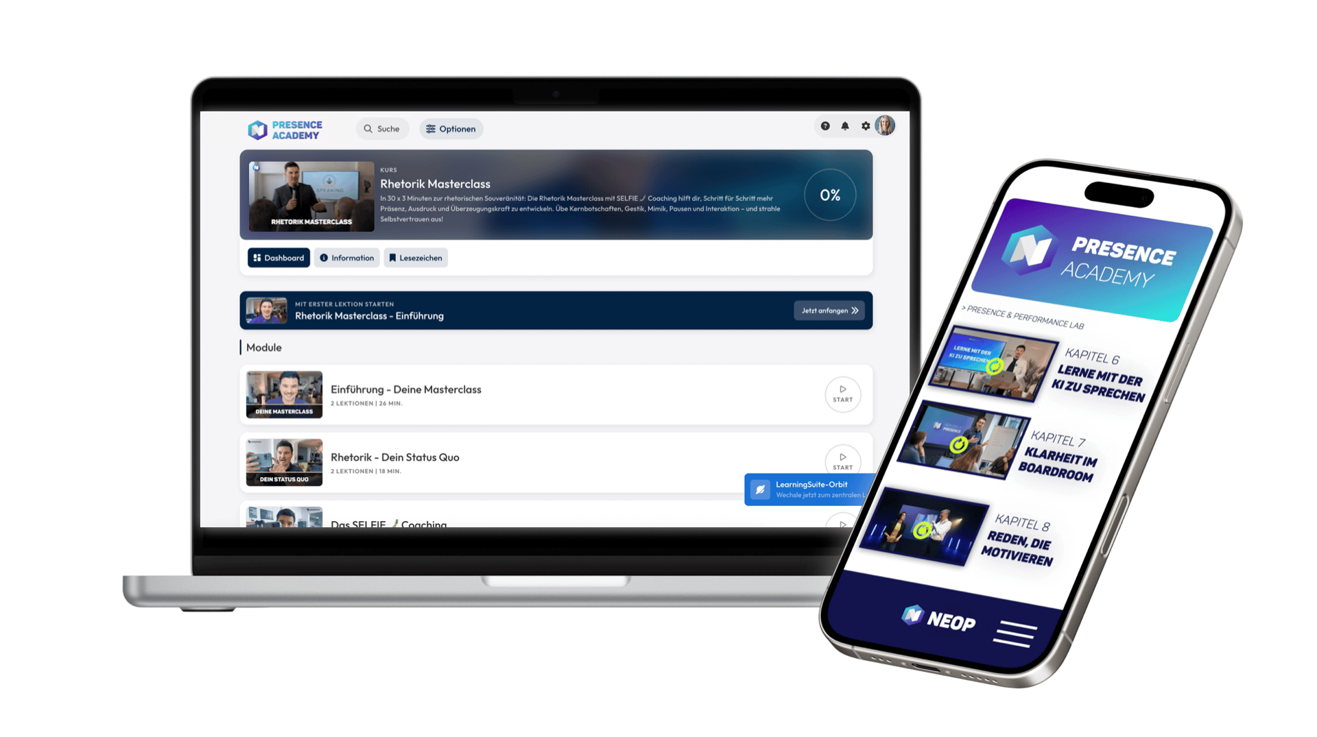 Die Presence Academy am Laptop und als App auf dem Smartphone