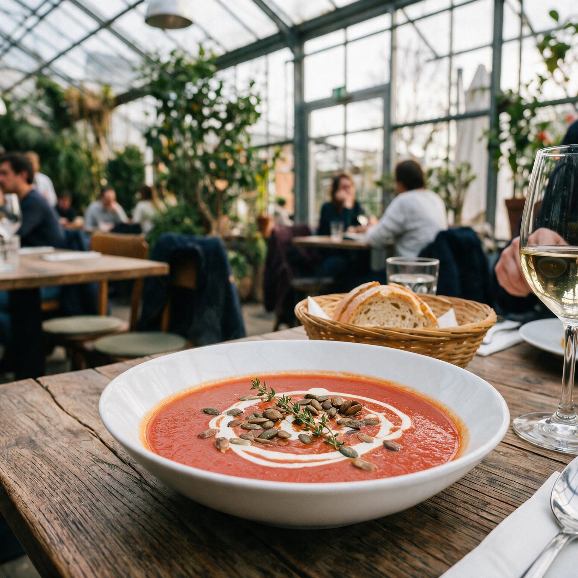 Suppe mit Kernen und Sahne im Glas