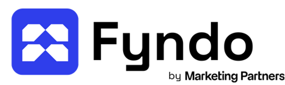 Logo von Fyndo by Marketing Partners mit einem blauen Quadrat, das vier weiße, rautenförmige Formen enthält.