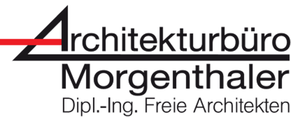 Logo des Architekturbüros Morgenthaler, Dipl.-Ing. Freie Architekten, mit roter Linie und schwarzem Dreieck.