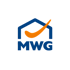 Blaues Logo mit Hausumriss, orangefarbenem Haken und dem Schriftzug MWG auf schwarzem Hintergrund.