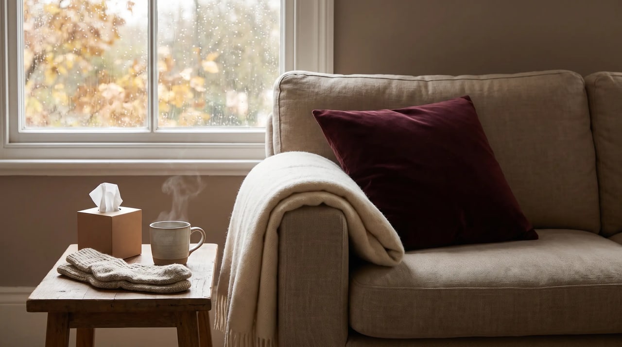 Gemütliche Sofaecke mit Wolldecke, Tee und Taschentüchern an einem Herbsttag (KI-generiertes Bild)
