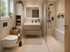 Visualisierung eines modern renovierten Badezimmers mit bodengleicher Dusche, Holzwaschtisch und hellen Natursteinfliesen.