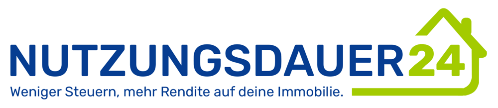 Logo: "NUTZUNGSDAUER24" in Blau und Grün, mit Haus-Symbol. Slogan: "Weniger Steuern, mehr Rendite auf deine Immobilie."