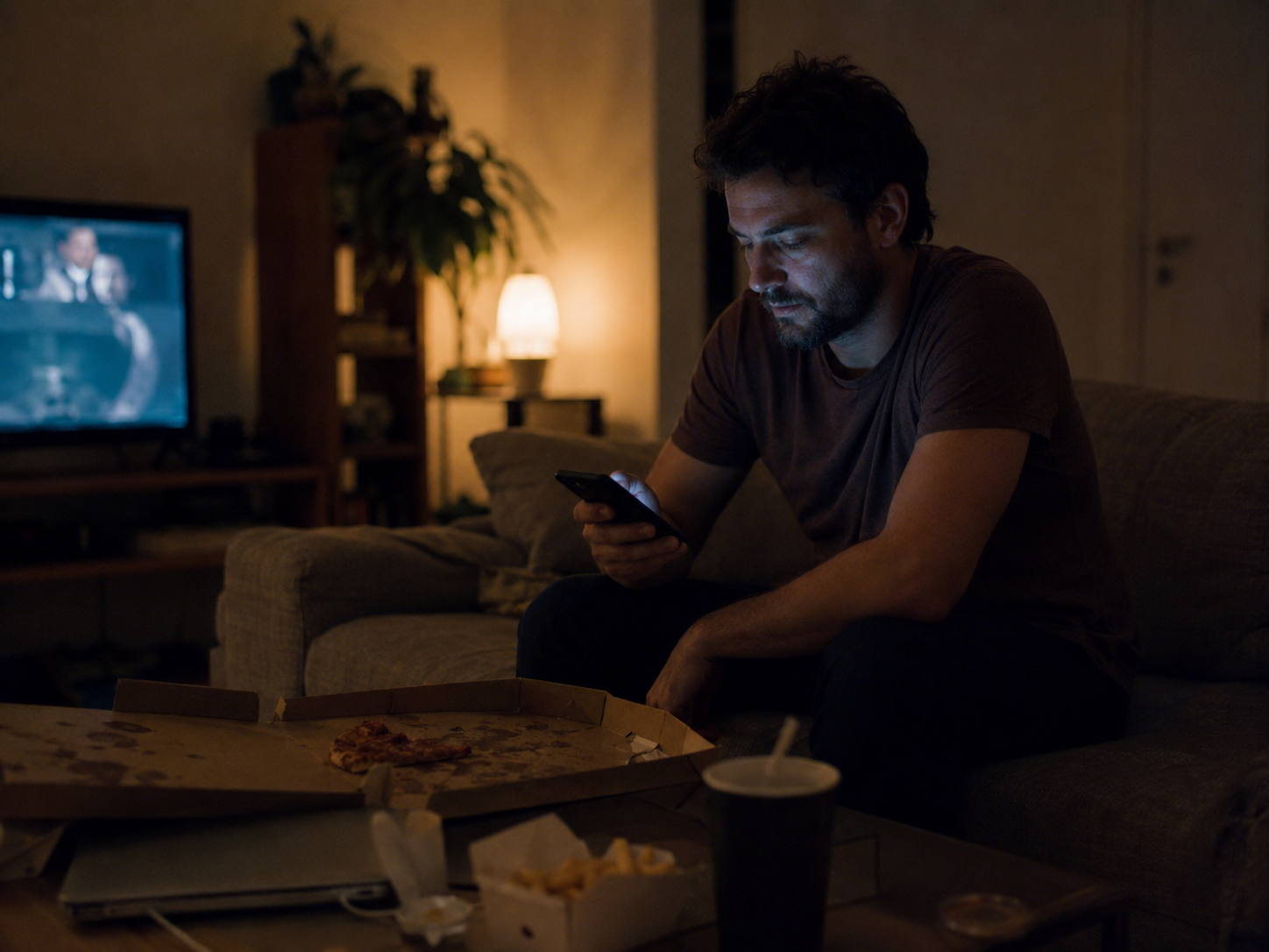 Mann Anfang 30 abends allein auf dem Sofa