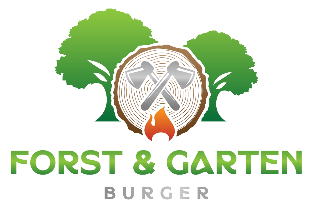 Logo: Zwei Bäume, ein Holzscheit, gekreuzte Äxte, eine Flamme; Text "FORST & GARTEN BURGER".