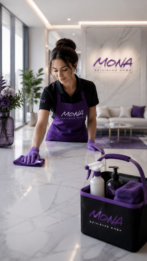 Mitarbeiterin von MONA Reinigung GmbH reinigt einen Tisch in einem Wohnraum