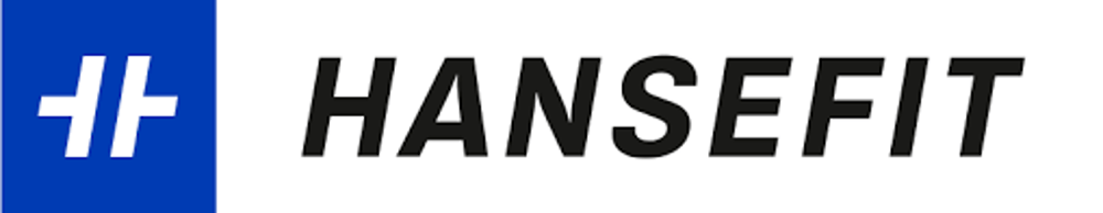 Logo von Hansefit: weißes Symbol auf blauem Quadrat und dem schwarzen Schriftzug HANSEFIT.