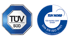 Logos von TÜV SÜD und TÜV NORD CERT für die Zertifizierung nach DIN EN ISO 9001 auf schwarzem Hintergrund.