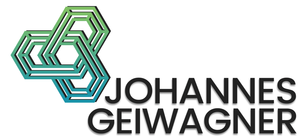 Logo: Johannes Geiwagner in grauer Schrift mit einem ineinander verschlungenen grünen und blauen Hexagon-Symbol. Logo von Osteopathie Geiwagner