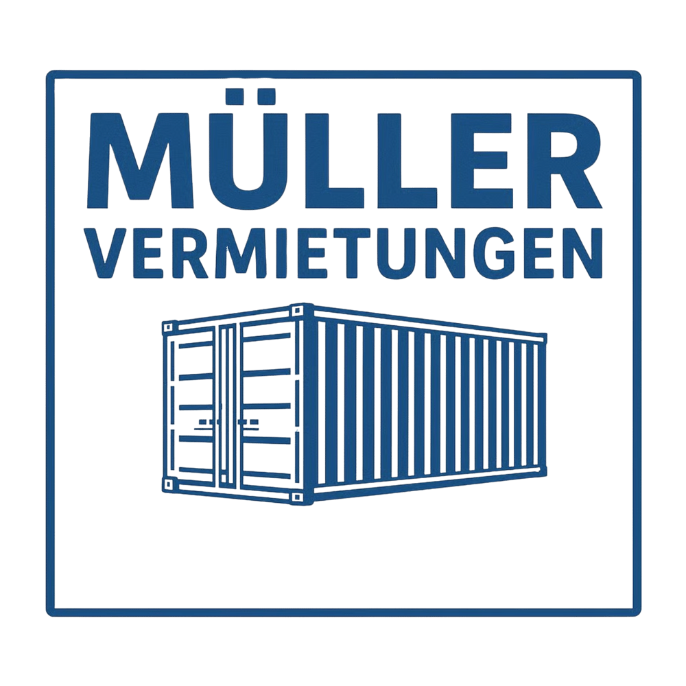 Blaues Logo "Müller Vermietungen" über einem Containerschiff-Umriss auf grünem Hintergrund.