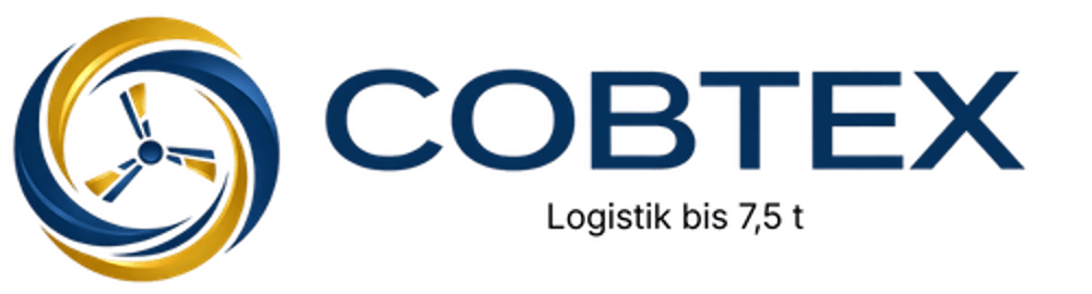Cobtex Logo mit blau-goldenem kreisförmigem Symbol, das ein Propellermuster umschließt, und dem Text "Logistik bis 7,5 t".
