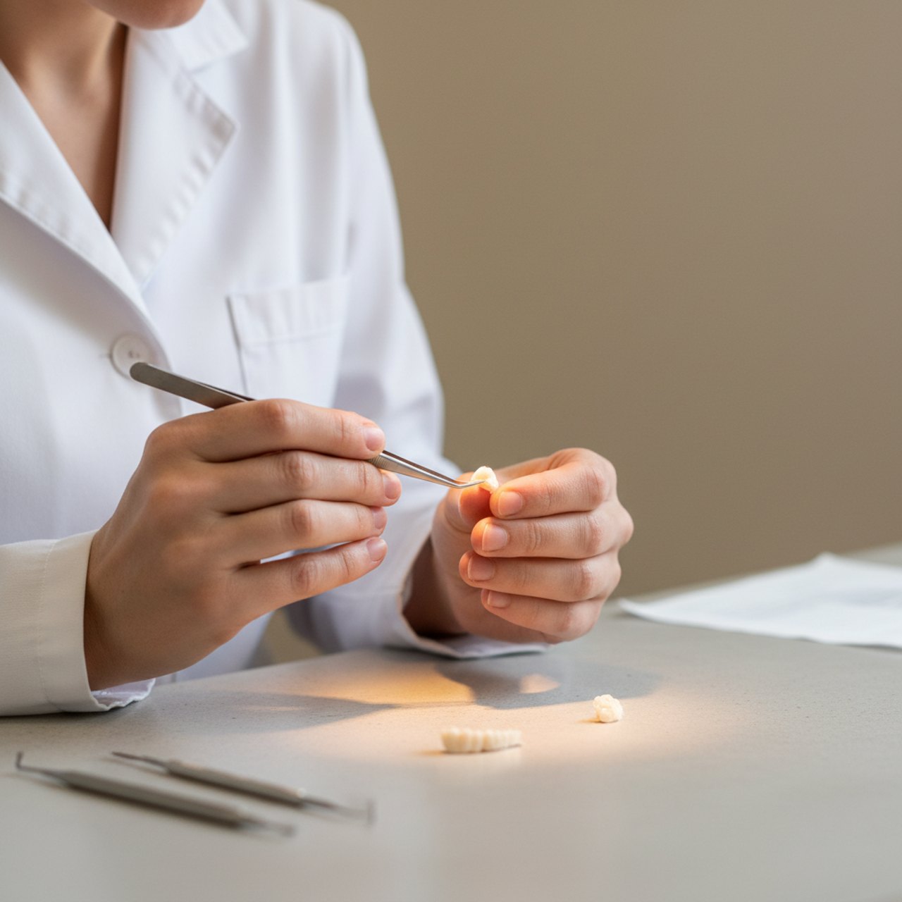 Zahntechniker-Meister finiert eine metallfreie Vollkeramik-Krone im Dentallabor Dentalwerk Thier in München