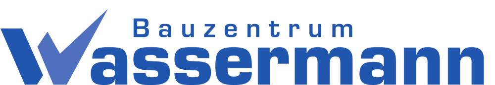 Das Logo „Bauzentrum Wassermann“ in blau-lila Schrift auf dunkelgrünem Hintergrund.