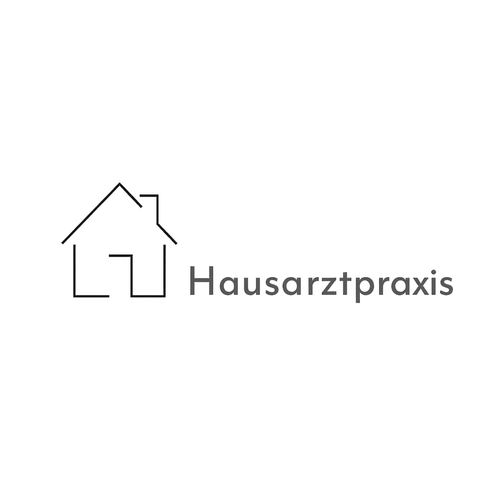 Ein Haus-Umriss und der Text "Hausarztpraxis" auf dunkelgrünem Hintergrund.