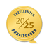 Goldenes Siegel "Exzellenter Arbeitgeber 2025" mit blauem Text.