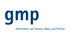 Blauer Text "gmp Architekten von Gerkan, Marg und Partner" auf weißem Hintergrund.