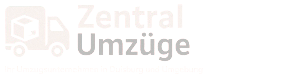 Zentral Umzüge Logo: Weißer Umzugswagen mit Karton und Text "Zentral Umzüge", darunter "Ihr Umzugsunternehmen in Duisburg und Umgebung".