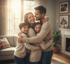Eine lächelnde Familie umarmt sich in einem gemütlichen Wohnzimmer mit Sonnenlicht.