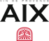 Schwarzer Text "VIN DE PROVENCE AIX" über einem roten, bogenförmigen Logo mit stilisierten Bäumen.
