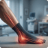 Glowing red lines highlight nerve pain and inflammation in a person's lower leg, ankle, and toes in a medical setting.