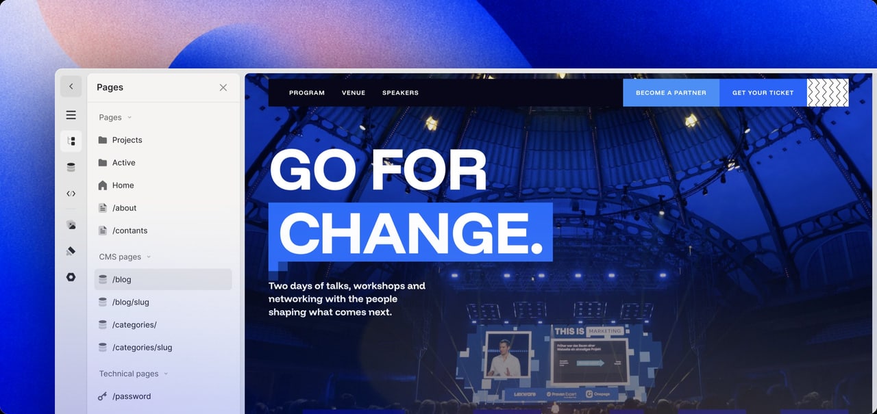 The Onepage builder with the page structure, a site preview and the AI prompt asking what you would like to build