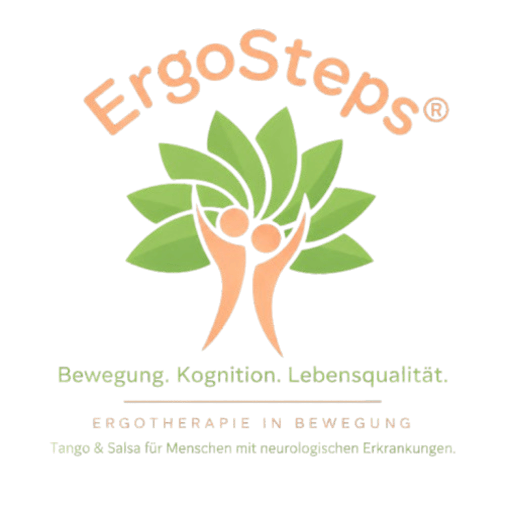 ErgoSteps Logo mit Baumfigur und Text: Bewegung, Kognition, Lebensqualität. Ergotherapie durch Tango und Salsa.